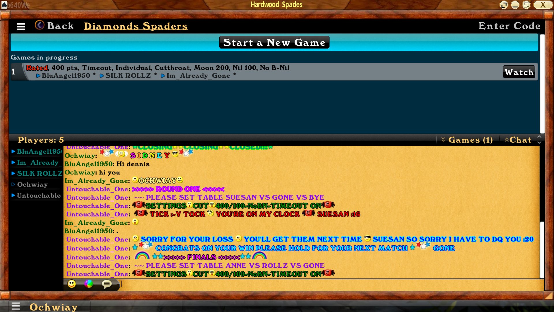Hardwood Spades Diamonds Spaders game room with the TD running a tour in chat