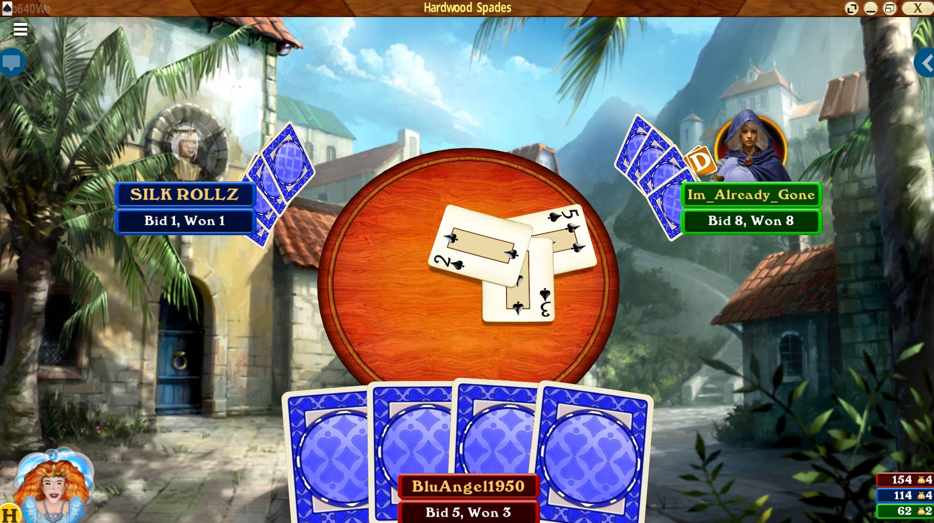 Hardwood Spades game in progress with BluAngel1950, SILK ROLLZ and Im_Already_Gone