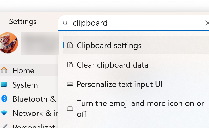Searching Settings for clipboard