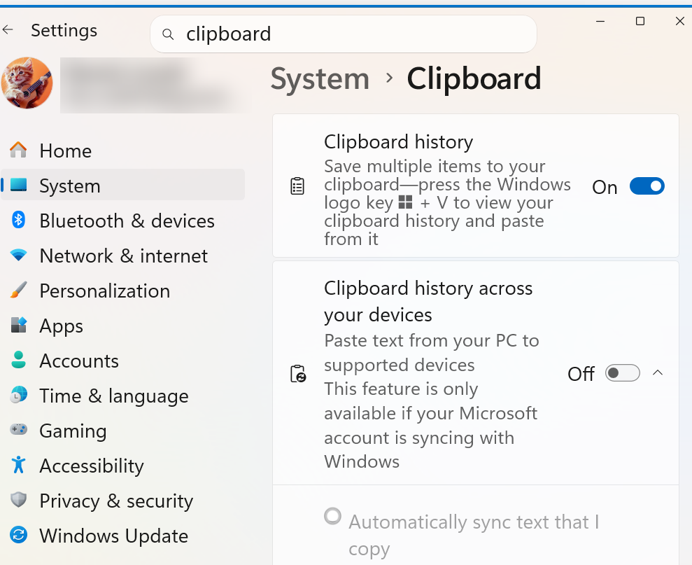 Settings, System, Clipboard: Clipboard history On