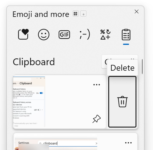 Clipboard item with Delete (trash can)